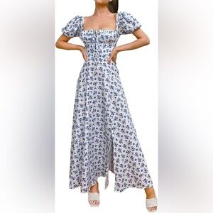 Blue Floral Midi Maxi Blue Floral Pattern Dress Square Neck Puff Sleeves Size M